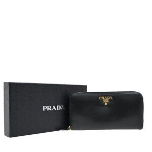 PRADA Logo Long Zipper Wallet Leather Black GHW Italy 67EE944